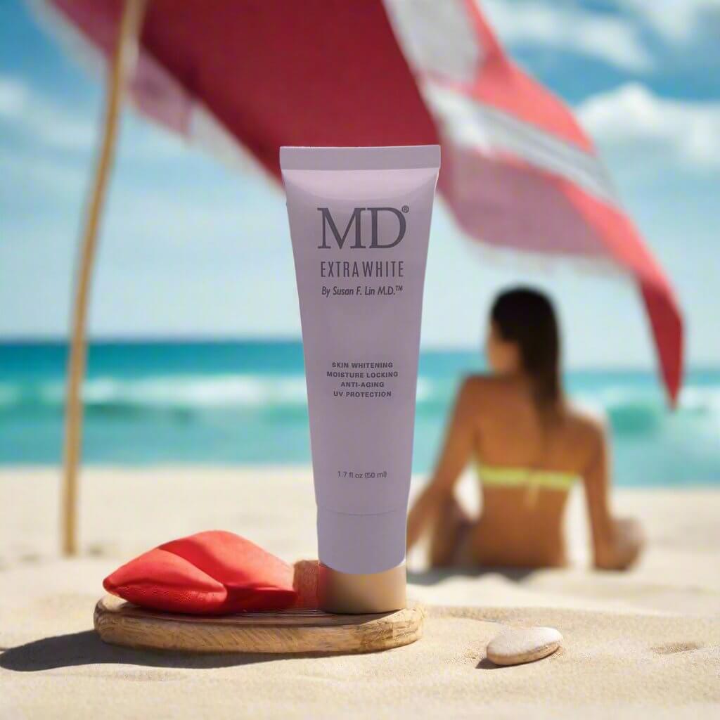 Woman on beach with MD Extra White Brightening Serum from MD Skin – lifestyle image highlighting sun protection and skincare.
