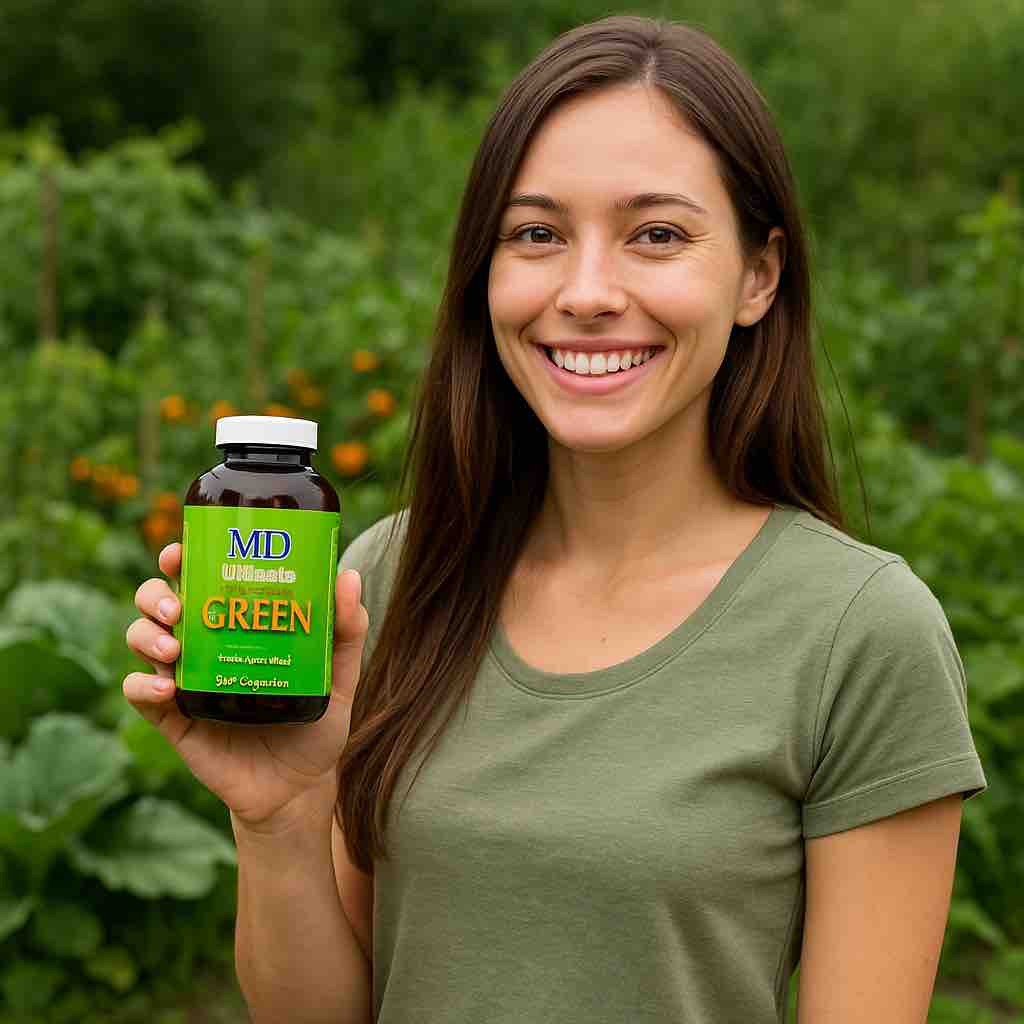 Healthy young woman in vegetable garden holding MD® Ultimate Green vegan supplement from MD Wellness for detox and skin health