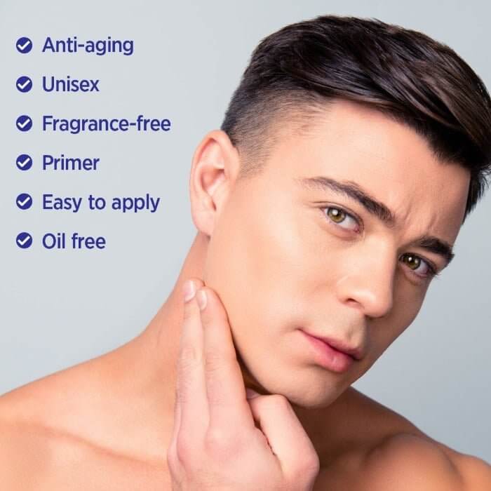 Young man showcasing anti-aging benefits, unisex, fragrance-free, oil-free, easy to apply primer.