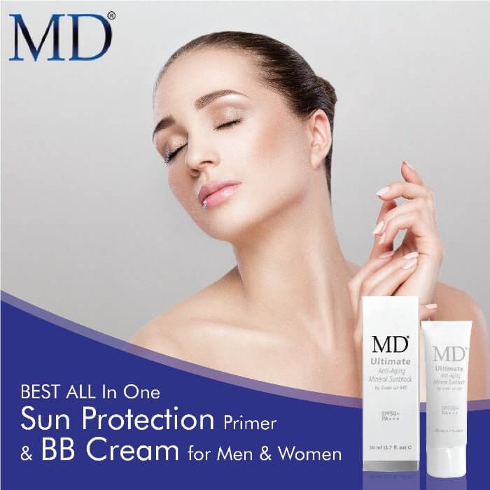 MD Ultimate Anti-Aging Mineral Sunblock and BB Cream for all skin types, SPF 50 sun protection and flawless skin.