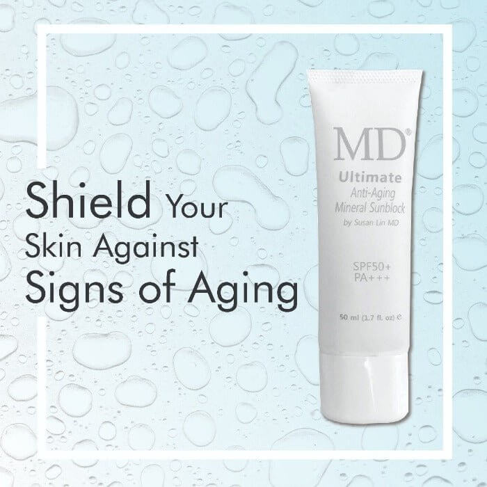 MD Ultimate Anti-Aging Mineral Sunblock SPF 50, protects skin from aging, infused with essential minerals.