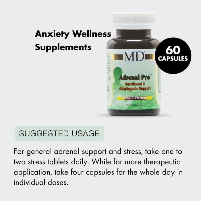 MD Adrenal Pro anxiety wellness supplement with usage directions: take 1–2 capsules daily for stress and cortisol support