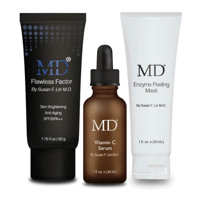 MD Beauty Essential Bundle with 3 MD Skin products for anti-aging, hydration, and visible skin renewal in a complete skincare routine