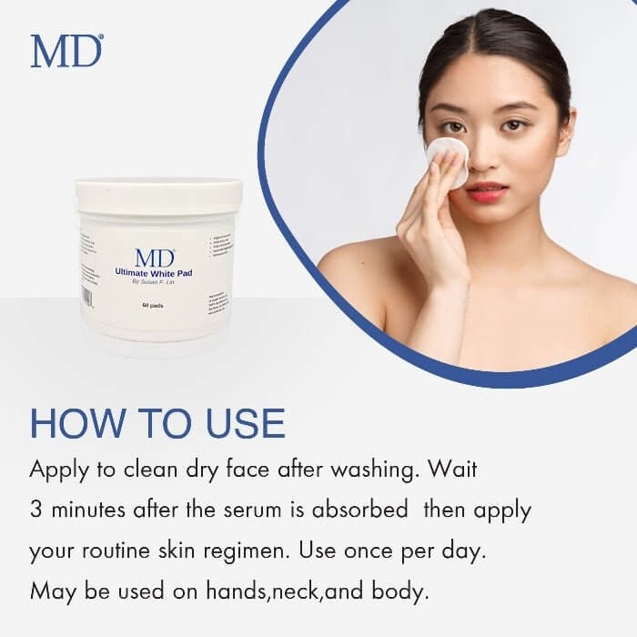 How to use MD Ultimate White Pad on face, neck, underarms, and body areas with discoloration or uneven skin tone