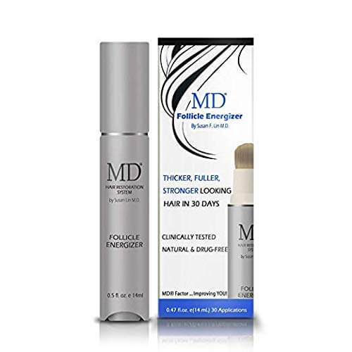 The product image shows a bottle and tube packaging for MD® Follicle Energizer from MD Hair with a precision brush applicator.