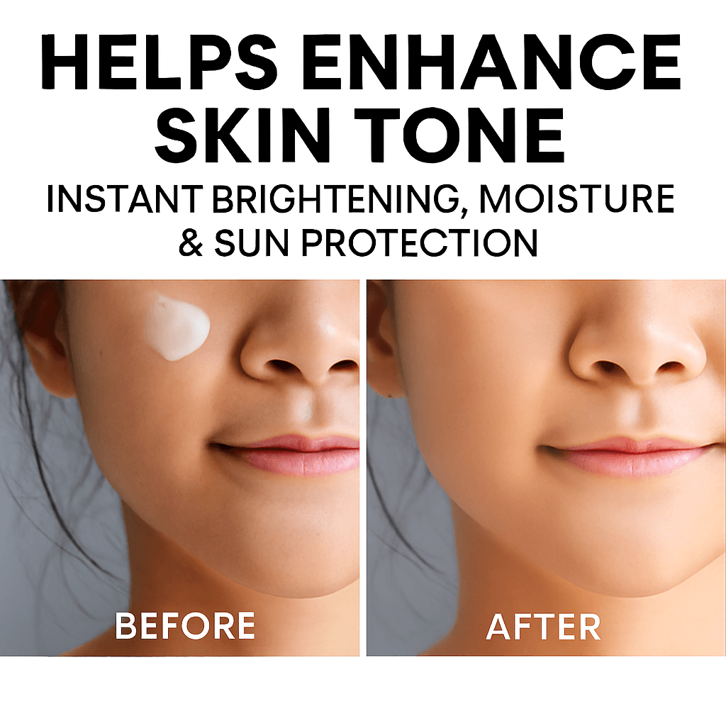MD Extra White before-and-after photo on woman’s cheek showing brightening, moisture, and sun protection