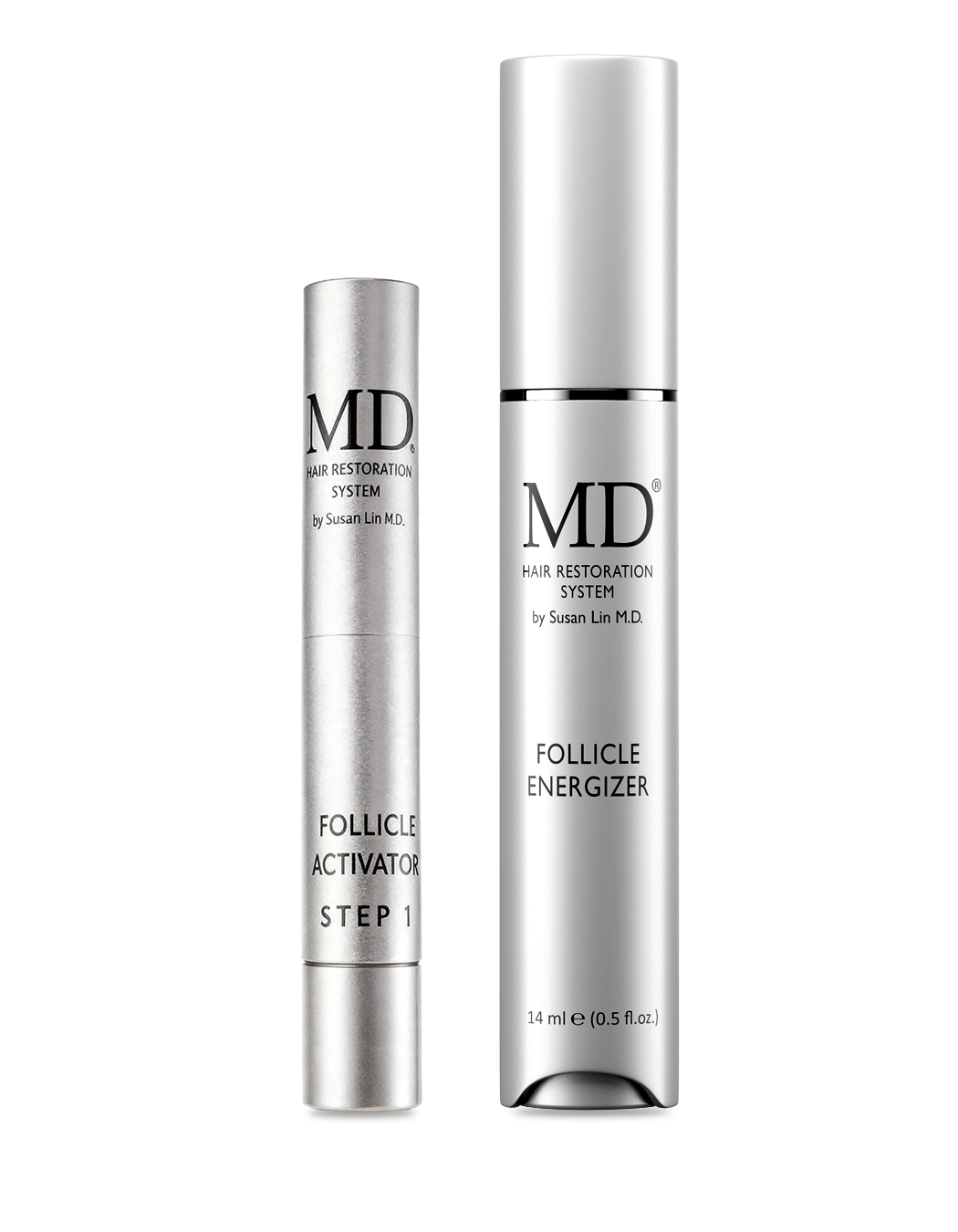 MD Hair Restoration System 2-step kit with activator and energizer serum for hair growth and follicle rejuvenation.