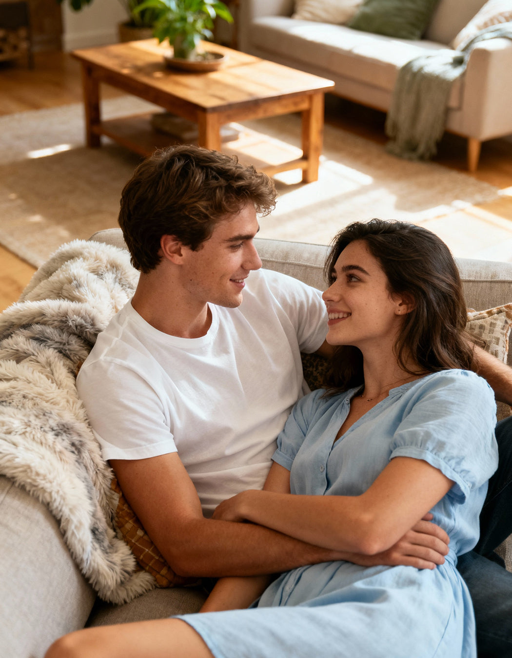 A happy, intimate couple sharing a close moment, representing the restored confidence and vitality achieved with MD Intimate Restore wellness serum.