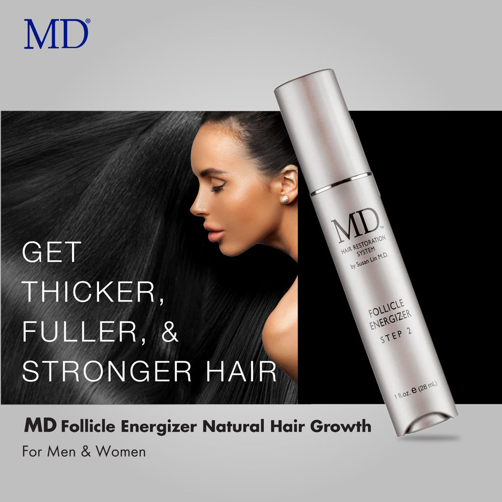 MD® Follicle Energizer with female model showing fuller, shinier hair – MD Hair serum for women with thinning hair