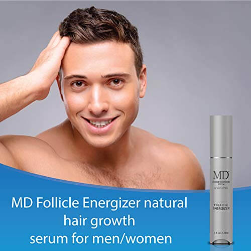 MD® Follicle Energizer with male model showing fuller, healthy hair – MD Hair growth serum for men

