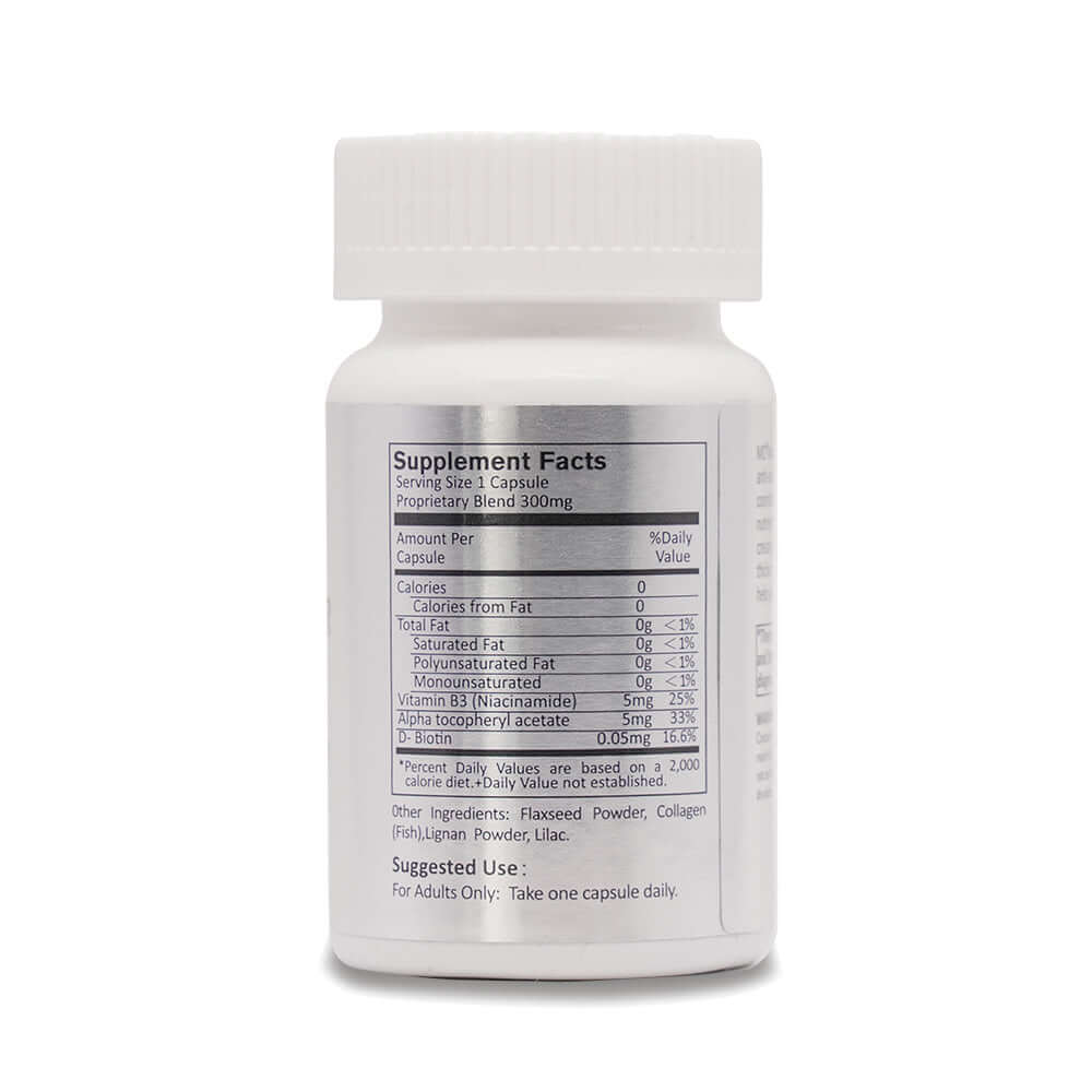 Side panel of MD Nutri Hair bottle showing detailed Supplement Facts label with active ingredients – hair growth supplement transparency for MD Hair system