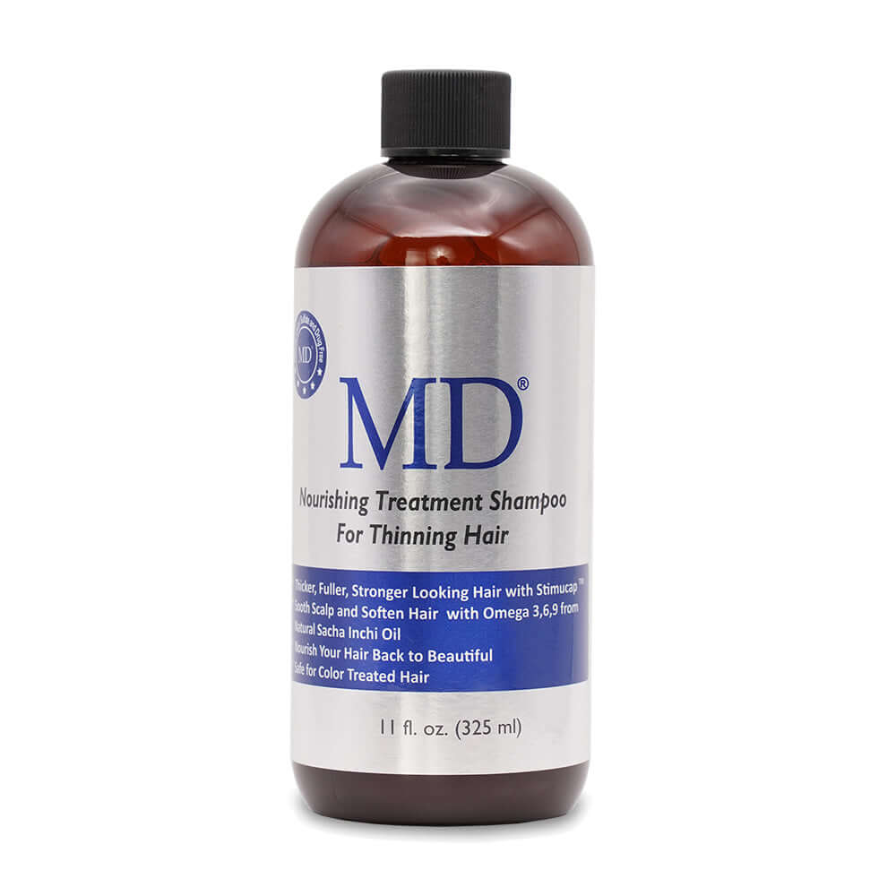 Front view of MD® Revitalizing Treatment Shampoo bottle – sulfate-free cleanser for thinning hair, scalp health, and DHT blocking – part of the MD Hair system

