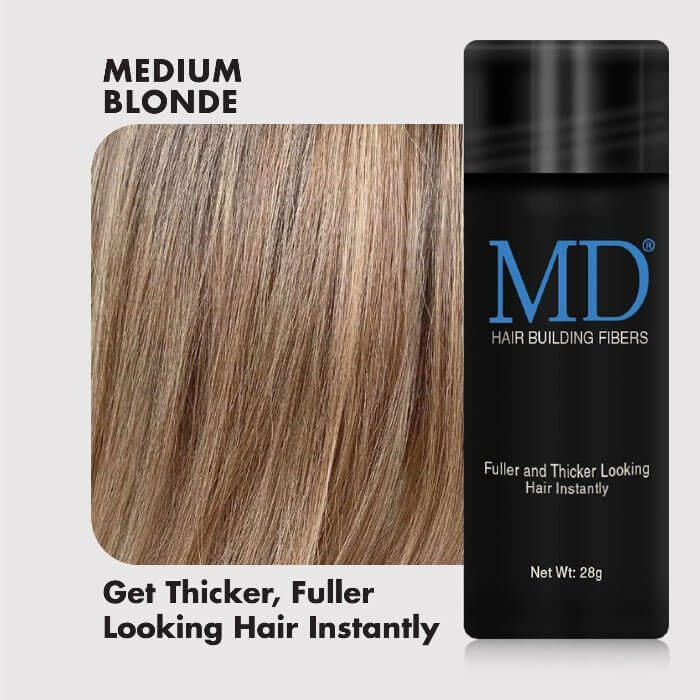 Blonde hair with fuller appearance after applying MD Hair Fiber—covers thinning spots, blends naturally for thicker-looking hair.

