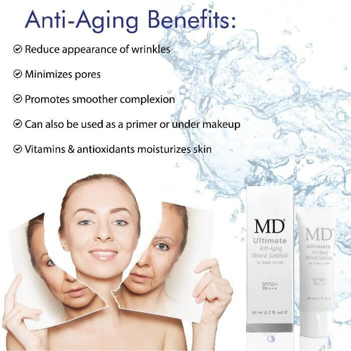 MD Ultimate Anti-Aging Mineral Sunblock highlights: reduces wrinkles, minimizes pores, smoothens complexion, and hydrates skin.