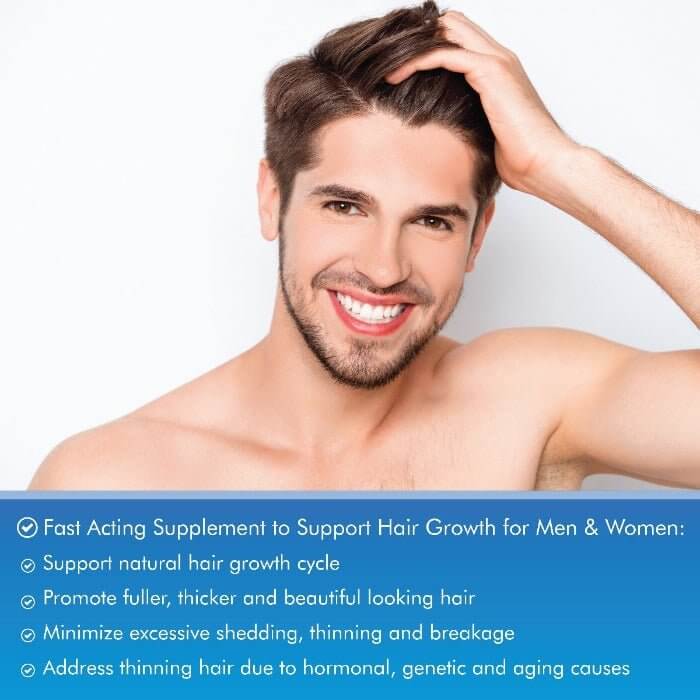 Confident male model with full, healthy hair showing visible benefits of MD Hair supplements for hair growth and scalp support.


