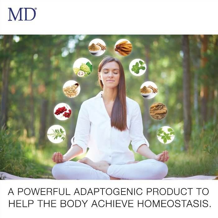 Woman resting in yoga pose with MD Adrenal Pro caption: powerful adaptogenic support to help the body achieve balance and homeostasis.


