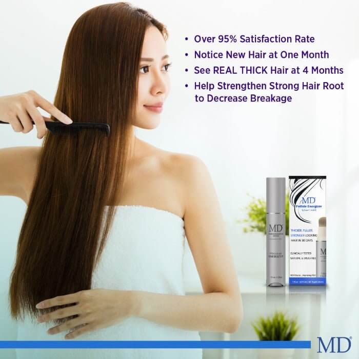 Graphic showing 95% user satisfaction rate after using MD Follicle Energizer from MD Hair for hair regrowth and scalp suppor