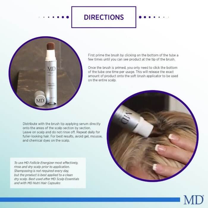 How to apply MD Follicle Energizer from MD Hair:  target thinning areas with precision brush, apply to scalp daily for best results.