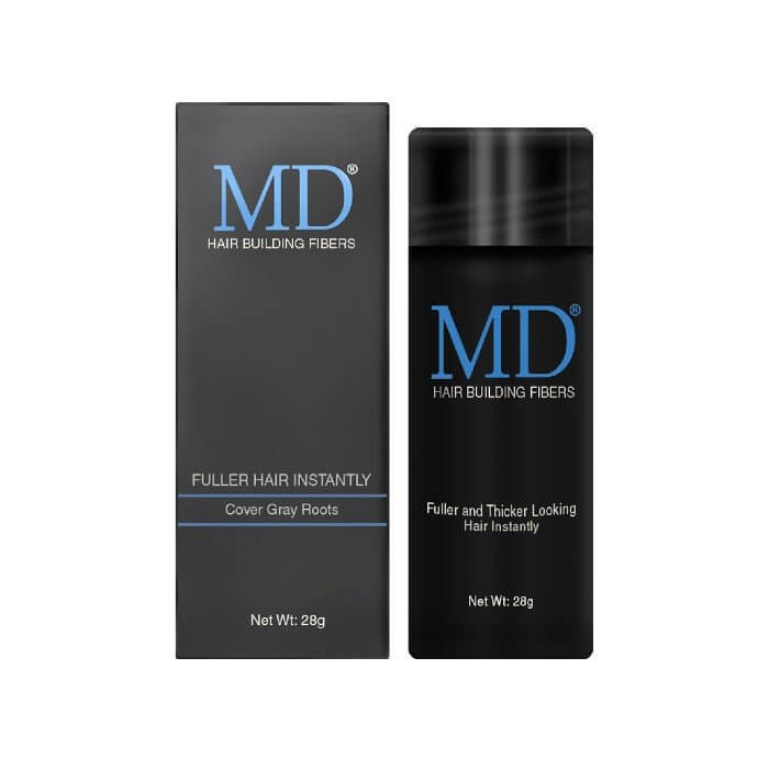 MD Hair Fiber bottle with box shown together—natural hair thickening fiber for instant coverage of bald spots and thinning hair.
