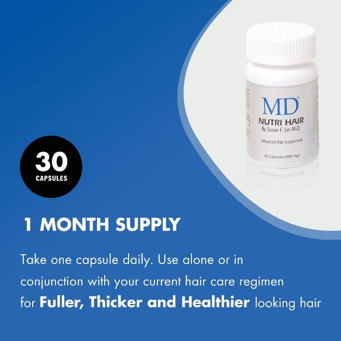 MD Nutri Hair bottle with usage direction: take one capsule daily for fuller, thicker hair – 30 capsules per bottle, one-month supply – daily hair growth supplement by MD Hair