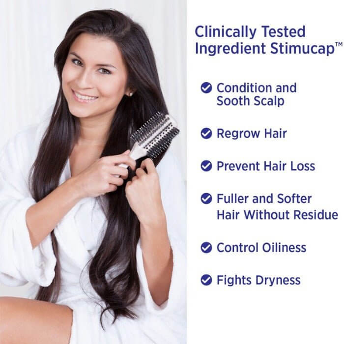 Photo highlighting clinical benefits of StimuCap® in MD® Hair system – soothes scalp, stimulates hair regrowth, prevents hair loss, delivers fuller softer hair without residue, controls oiliness, and fights dryness