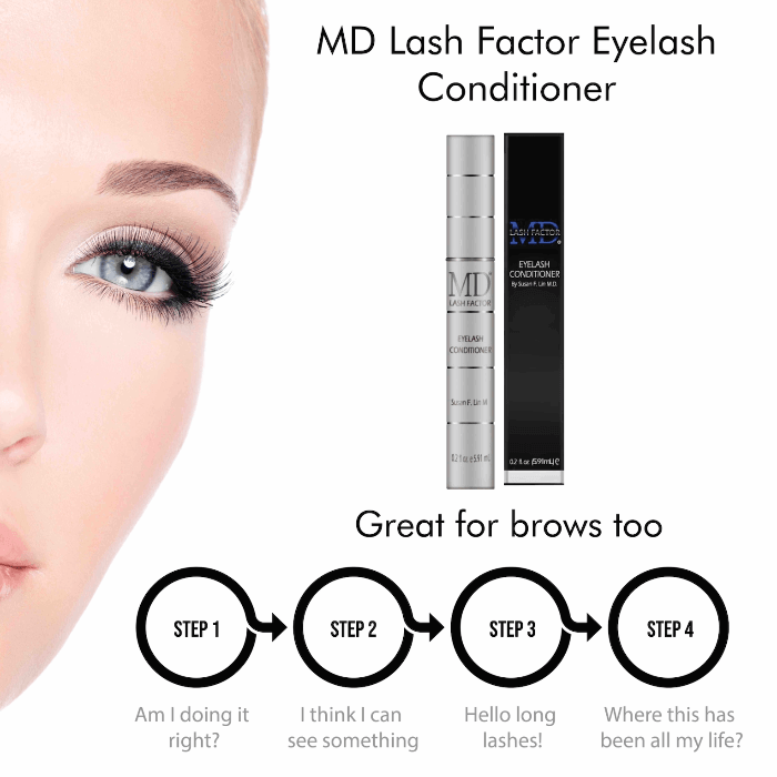 MD Lash Factor Eyelash Conditioner shown with visible results for lashes and brows – progression of fuller, longer lashes and thicker brows over time by MD Lash