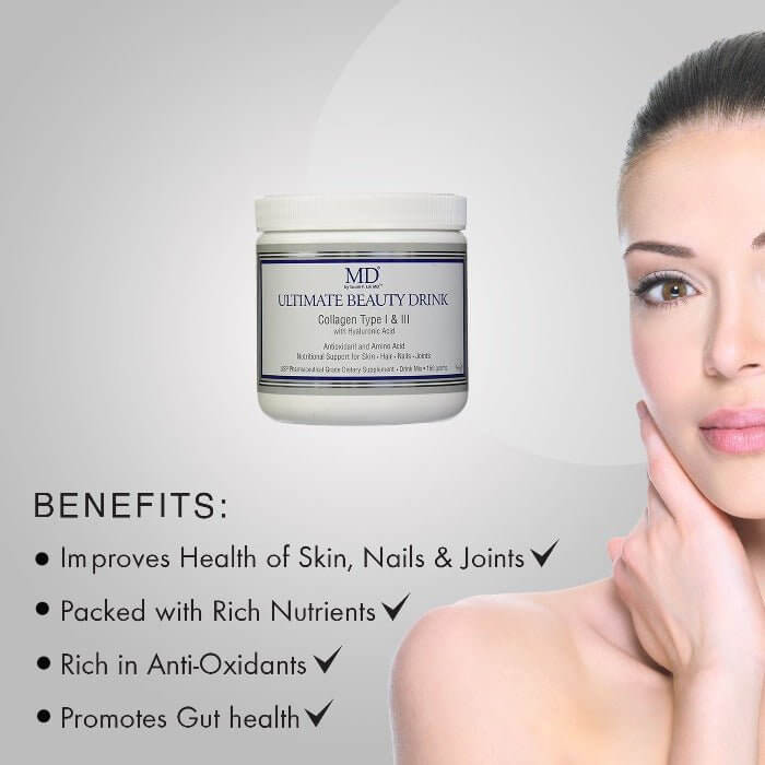 MD Ultimate Beauty Drink benefits: rich in antioxidants and nutrients, supports gut health, and promotes skin, hair, nail, and joint wellness